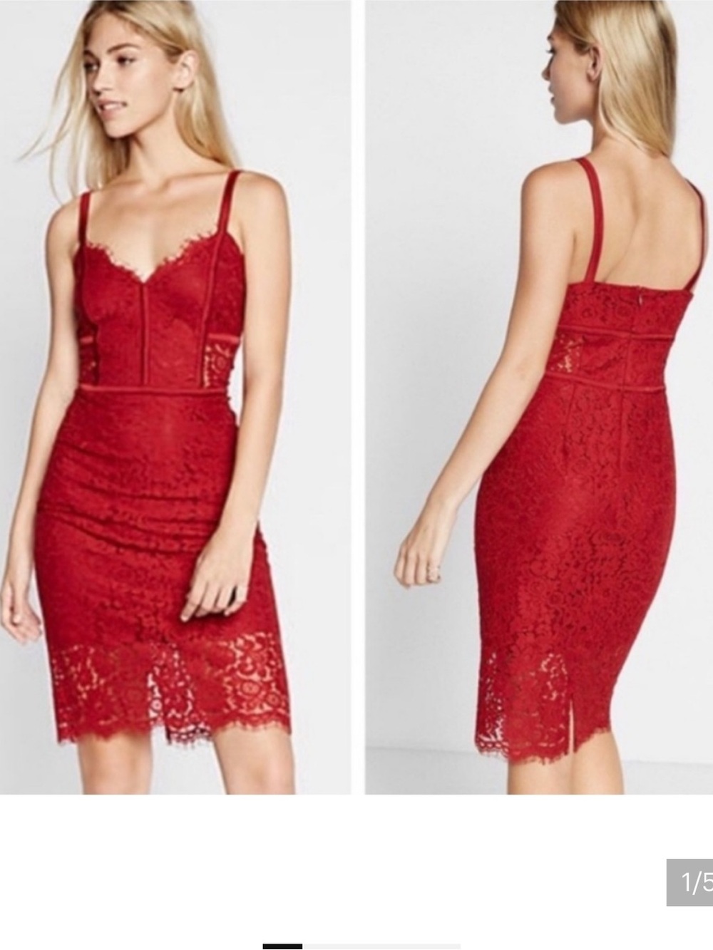 Express Red Lace Midi Dress with Scalloped Hem